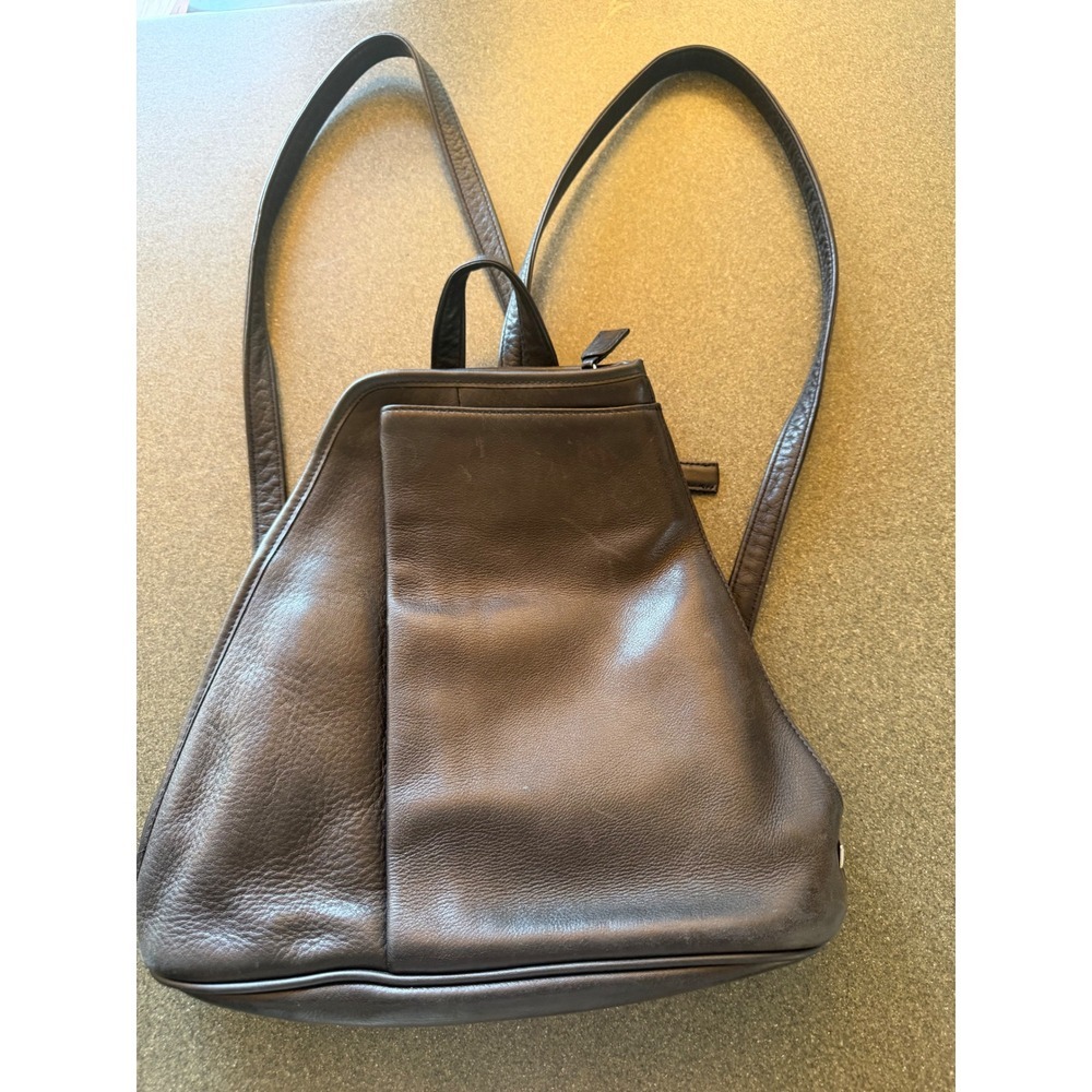 Tignanello Black Leather Minimalist Small Backpack Zippered Trapezoid Bag